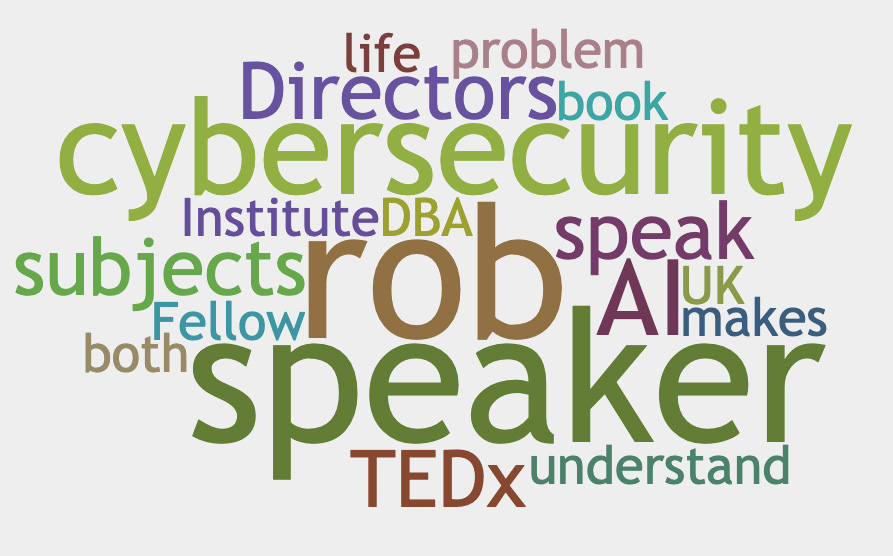 Wordcloud generated from Rob's bio 