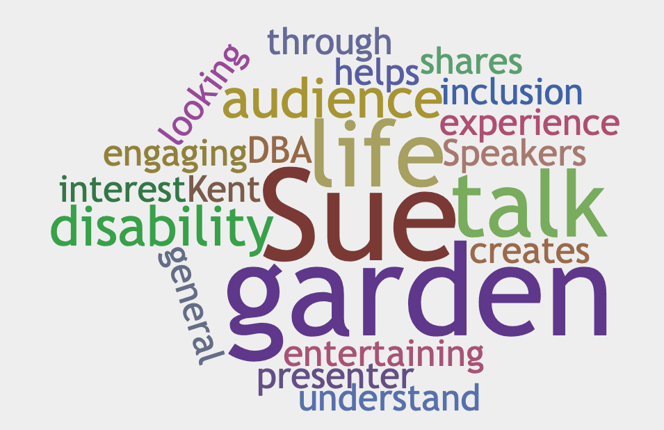 Wordcloud generated from Sue's bio 